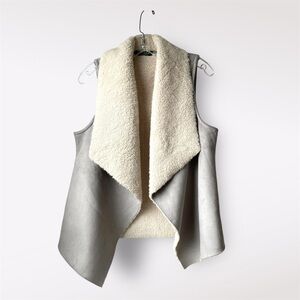 Lauren Ralph Lauren Petites Faux Suede Shearling Sherpa Open Front Vest Gray M